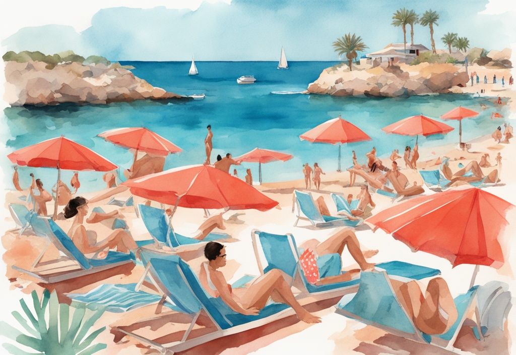 Nowoczesna ilustracja akwarelowa przedstawiająca plażę w Ayia Napa z parasolami i ręcznikami plażowymi marki TUI, w kolorach koralowych.