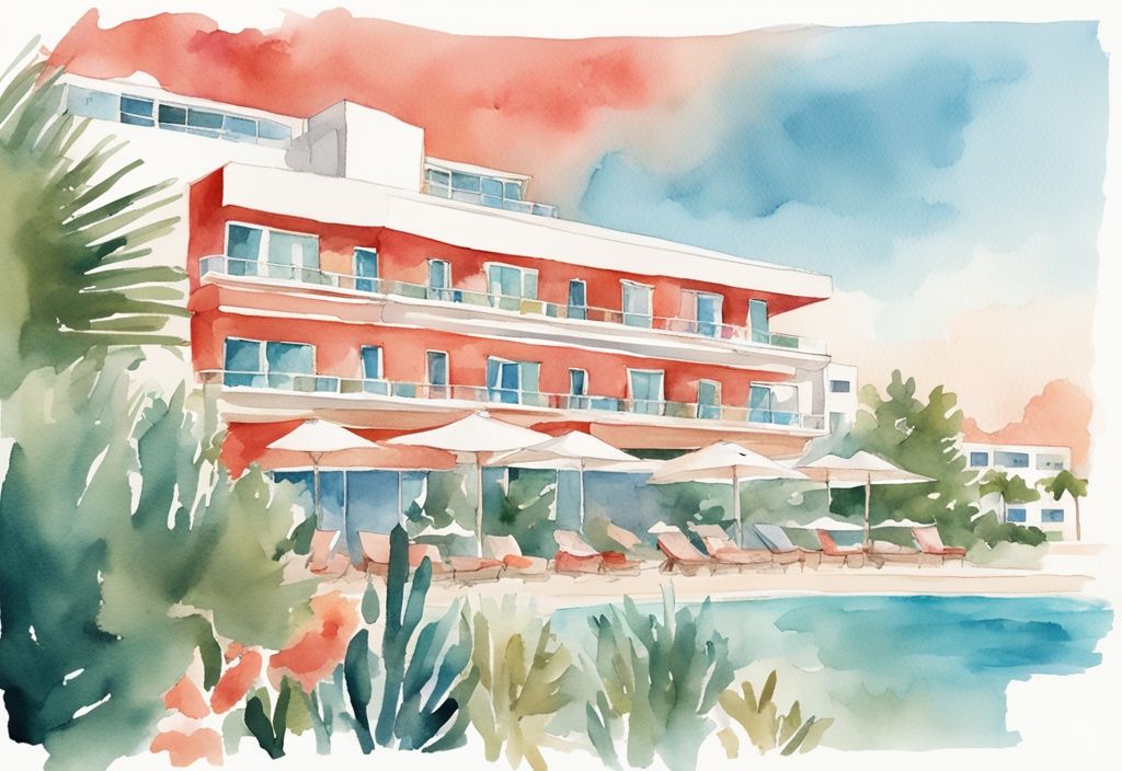 Nowoczesna ilustracja akwarelowa z widokiem na Hotel Nestor Ayia Napa, otoczony bujną zielenią i z widokiem na czystą plażę, pod błękitnym niebem, w kolorystyce koralowej.