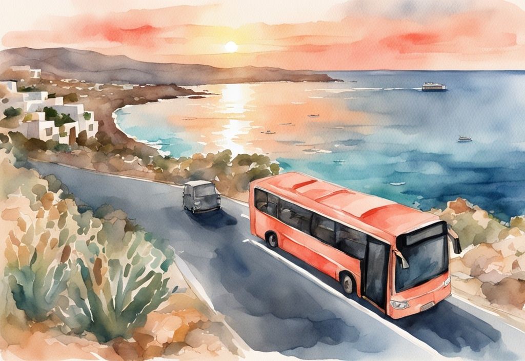 Nowoczesna ilustracja akwarelowa, autobus jadący malowniczą nadmorską drogą między Ayia Napa a Cape Greco o zachodzie słońca, kolorystyka koralowa