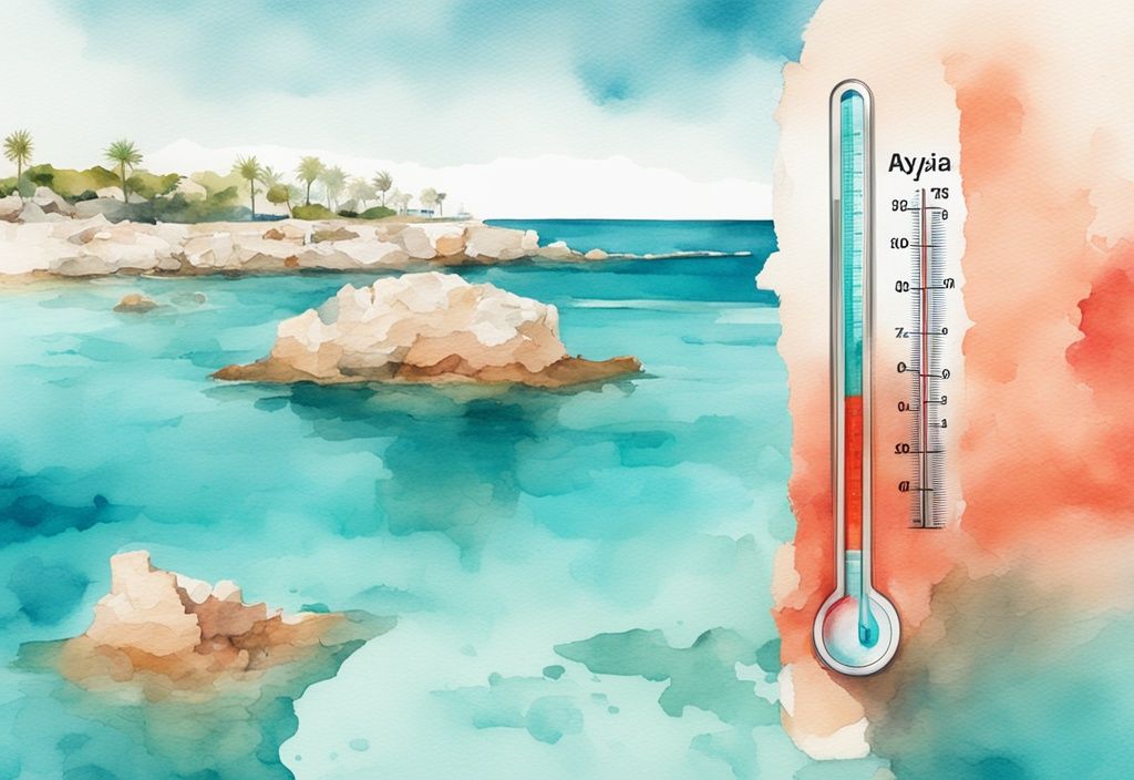 Nowoczesna ilustracja akwarelowa przedstawiająca cyfrowy termometr pokazujący temperaturę zanurzoną w krystalicznie czystych turkusowych wodach Ayia Napa z malowniczym widokiem na piękne wybrzeże w tle, ayia napa temperatura wody.