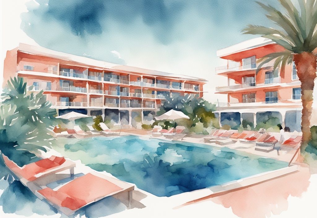 Luksusowy hotel Ayia Napa z basenem i palmami, widok na Morze Śródziemne, nowoczesna ilustracja akwarelowa w kolorze koralowym