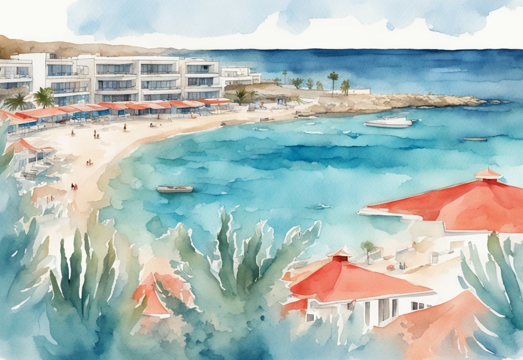 Nowoczesna ilustracja akwarelowa z widokiem na plażę Tsokkos na Cyprze, przedstawiająca spokojne niebieskie wody Ayia Napa i tętniącą życiem linię brzegową Protaras, w kolorystyce koralowej.