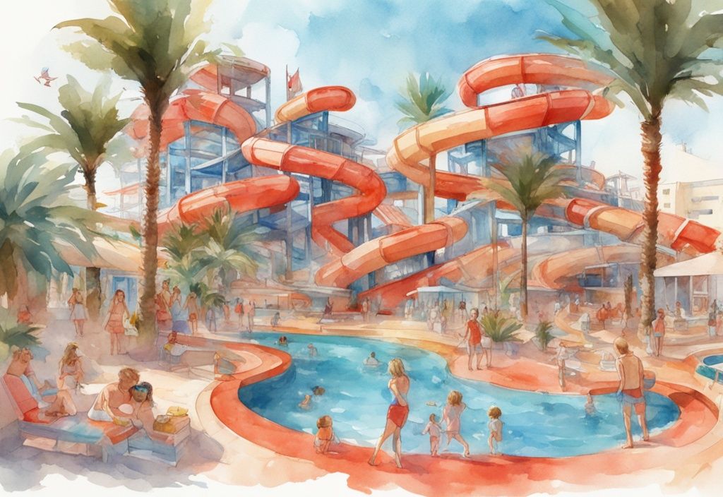 Ilustracja akwarelowa WaterWorld Ayia Napa, kolorowe zjeżdżalnie wodne, baseny z falami, szczęśliwe rodziny, słoneczny dzień