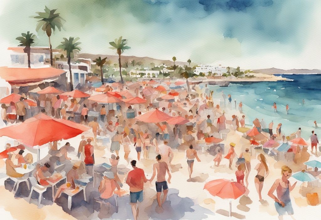 Ilustracja akwarelowa przedstawiająca plażę Ayia Napa last minute z turystami, którzy pakują swoje torby, rozkładają leżaki i korzystają z baru plażowego.