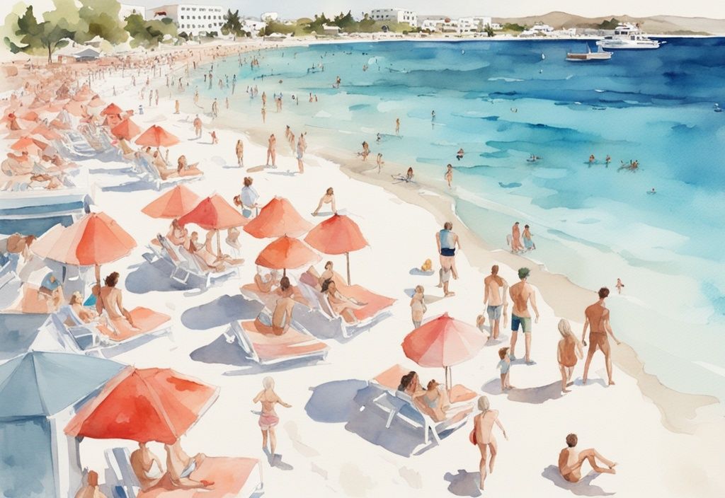 Ilustracja akwarelowa Nissi Beach w Ayia Napa, biały piasek, błękitna woda, plażowicze, kolor koralowy