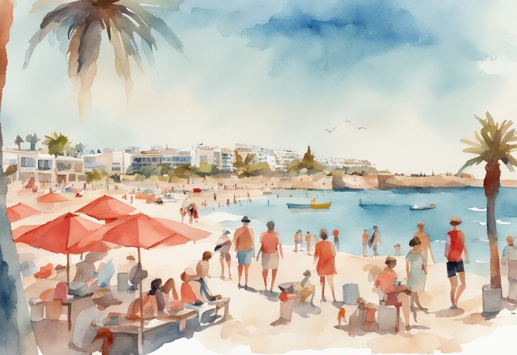 Nowoczesna ilustracja akwarelowa przedstawiająca słoneczny dzień na plaży w Ayia Napa w maju, z turystami cieszącymi się przyjemną pogodą, główny motyw kolorystyczny to koral.