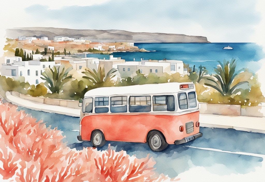 Nowoczesna ilustracja akwarelowa, autobus na nadmorskiej drodze z widokiem na morze w Ayia Napa Cape Greco