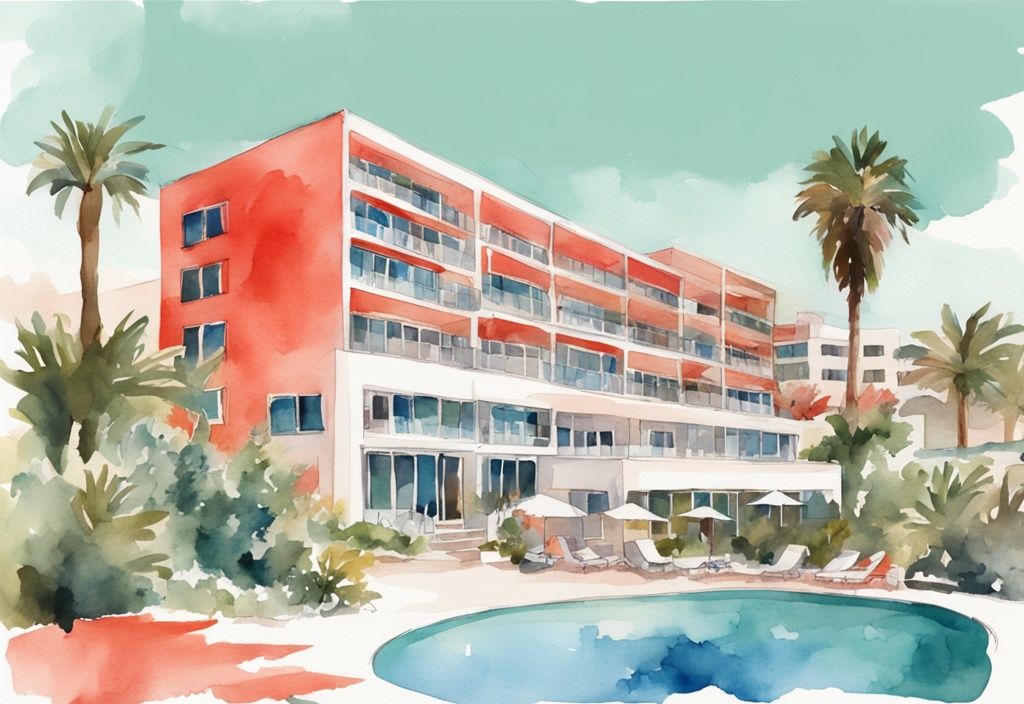 Nowoczesna akwarela przedstawiająca hotel Tofinis Ayia Napa, z jego nowoczesną architekturą, otoczony bujnymi zielonymi palmami i lśniącym basenem, w kolorystyce koralowej.