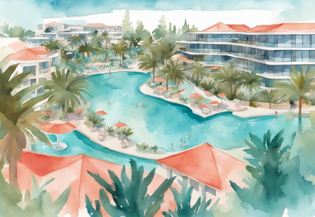 Nowoczesna ilustracja akwarelowa przedstawiająca Olympic Lagoon Resort Ayia Napa z turkusowymi basenami, bujną zielenią i nowoczesnymi budynkami w kolorze koralowym pod błękitnym niebem.