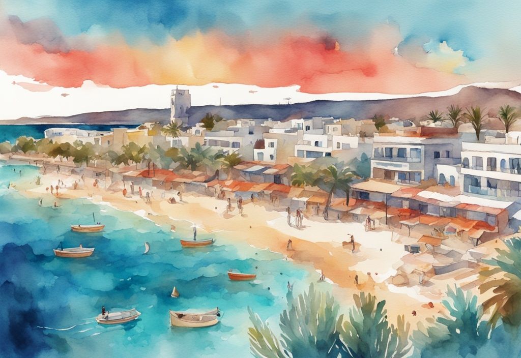 Nowoczesna ilustracja akwarelowa przedstawiająca panoramę Ayia Napa, ukazującą jej tętniące życiem nocne życie, spokojne plaże i zabytki kulturowe, ayia napa jaką to część cypru.