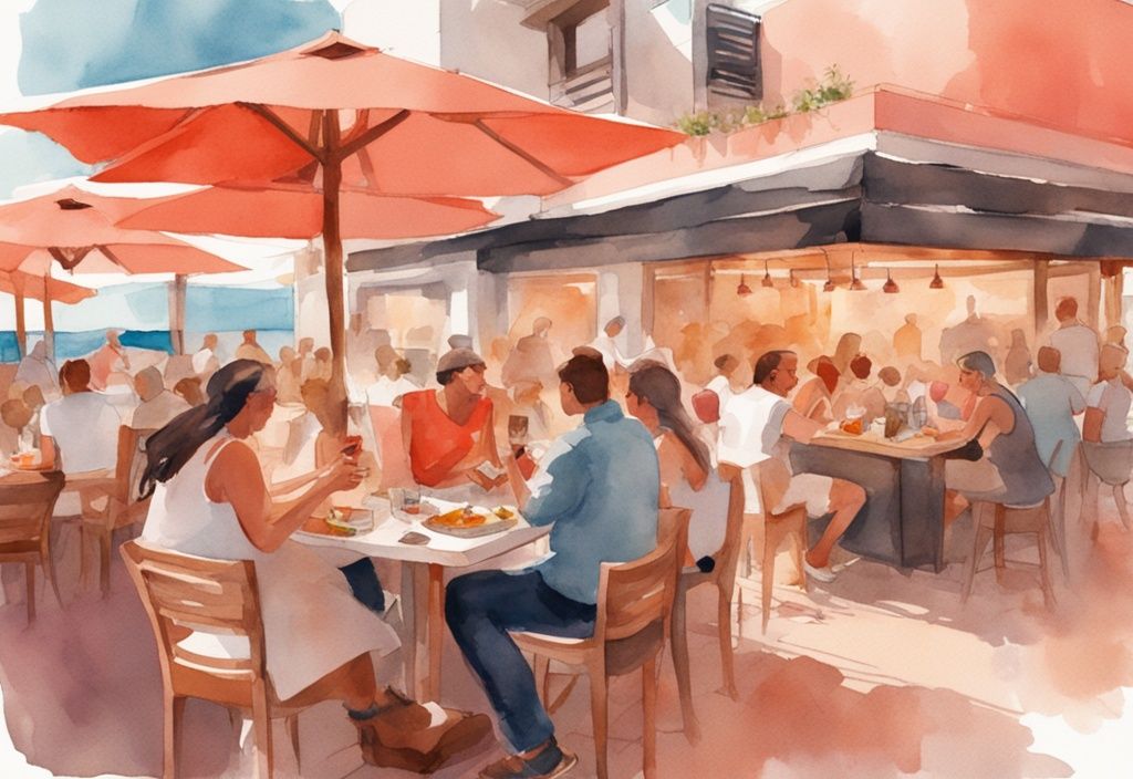 Nowoczesna ilustracja akwarelowa przedstawiająca tętniącą życiem restaurację na świeżym powietrzu w Ayia Napa, z ciepłym oświetleniem, zadowolonymi gośćmi i kucharzami przygotowującymi jedzenie w tle, w kolorystyce koralowej.