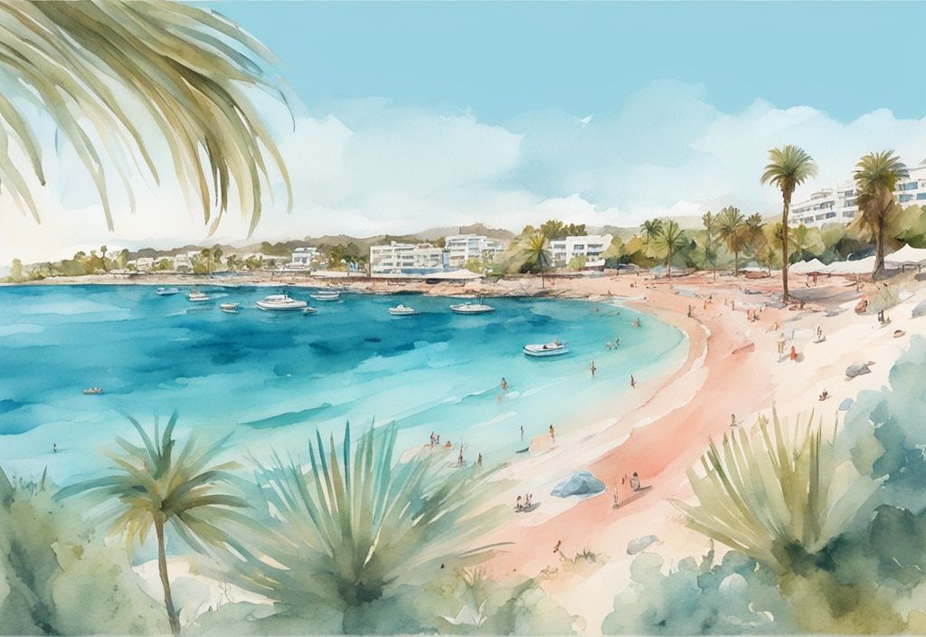 Nowoczesna ilustracja akwarelowa przedstawiająca panoramiczny widok na plażę Melissi w Ayia Napa, z błękitnymi wodami, czystym piaszczystym brzegiem i bujnymi palmami, w kolorystyce koralowej.