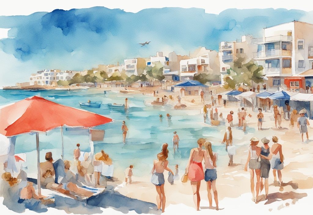 Ilustracja akwarelowa przedstawiająca słoneczny dzień w Ayia Napa, plażę pełną turystów i termometr pokazujący typową dla maja ciepłą temperaturę - ayia napa pogoda maj.