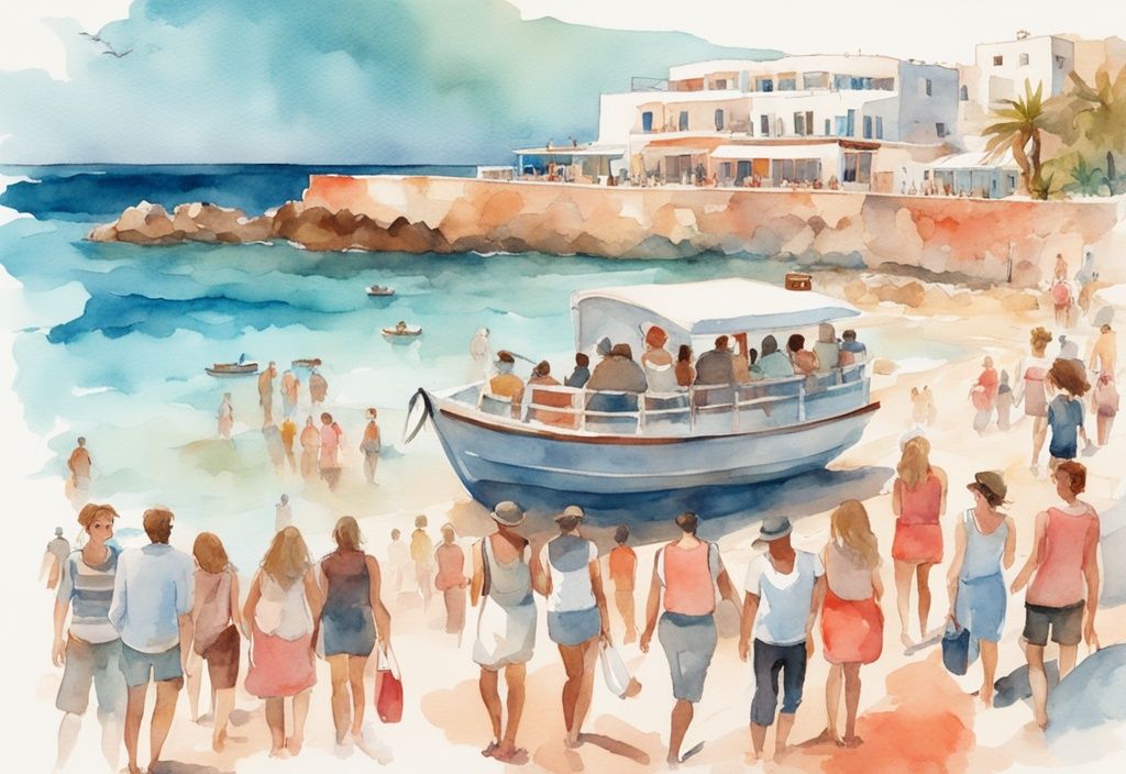 Nowoczesna ilustracja akwarelowa w kolorze koralowym, przedstawiająca grupę turystów zwiedzających plaże Ayia Napa, korzystających z wycieczki łodzią i odwiedzających Muzeum Thalassa.