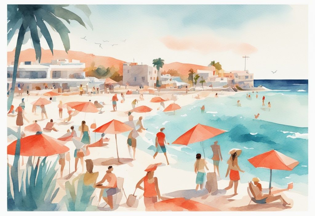 Ilustracja akwarelowa przedstawiająca turystów na plaży w Ayia Napa w październiku, z animowaną ikoną pogody pokazującą umiarkowane temperatury, główny kolor to koralowy.