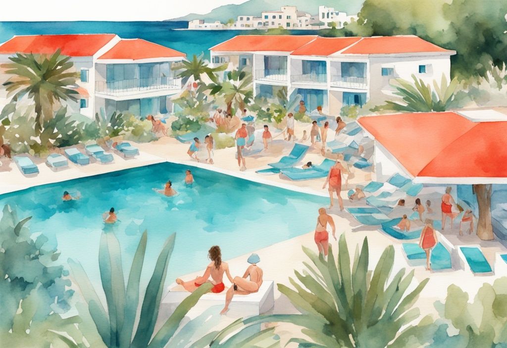 Nowoczesna ilustracja akwarelowa Tsokkos Paradise Village w Cyprze, z koralowym motywem kolorystycznym, pokazująca lazurowe wody Ayia Napa, białe budynki w stylu śródziemnomorskim, bujną zieleń i ludzi wypoczywających przy basenie.