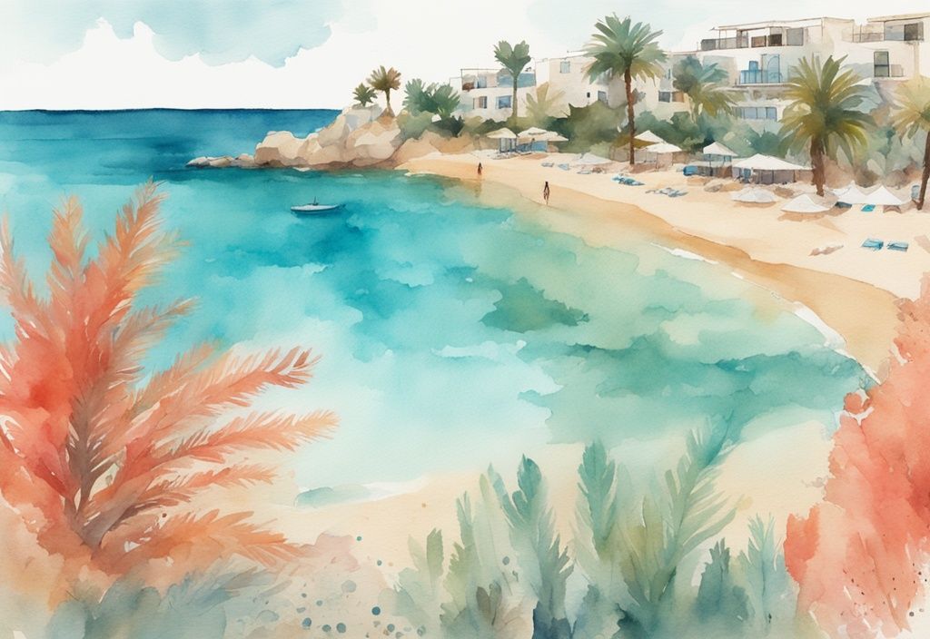 Nowoczesna ilustracja akwarelowa przedstawiająca plażę Melissi Beach w Ayia Napa z turkusową wodą, złotym piaskiem, błękitnym niebem i bujnymi palmami.