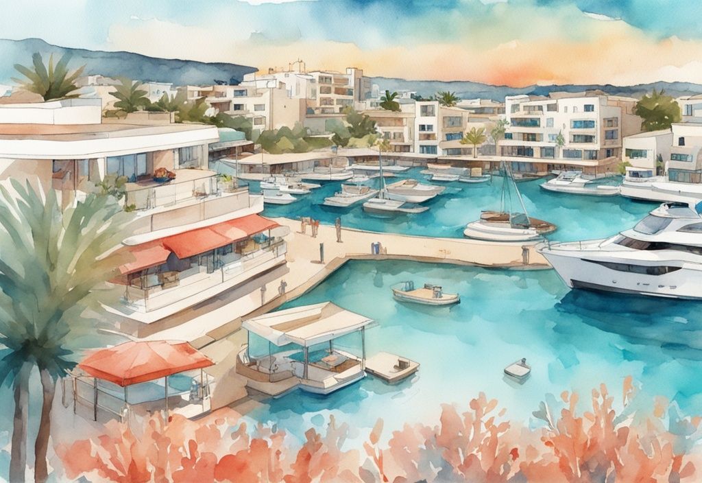 Nowoczesna ilustracja akwarelowa przedstawiająca panoramiczny widok na marinę Ayia Napa o zachodzie słońca, z luksusowymi jachtami zacumowanymi w błyszczących turkusowych wodach i malowniczym kurortem w tle.