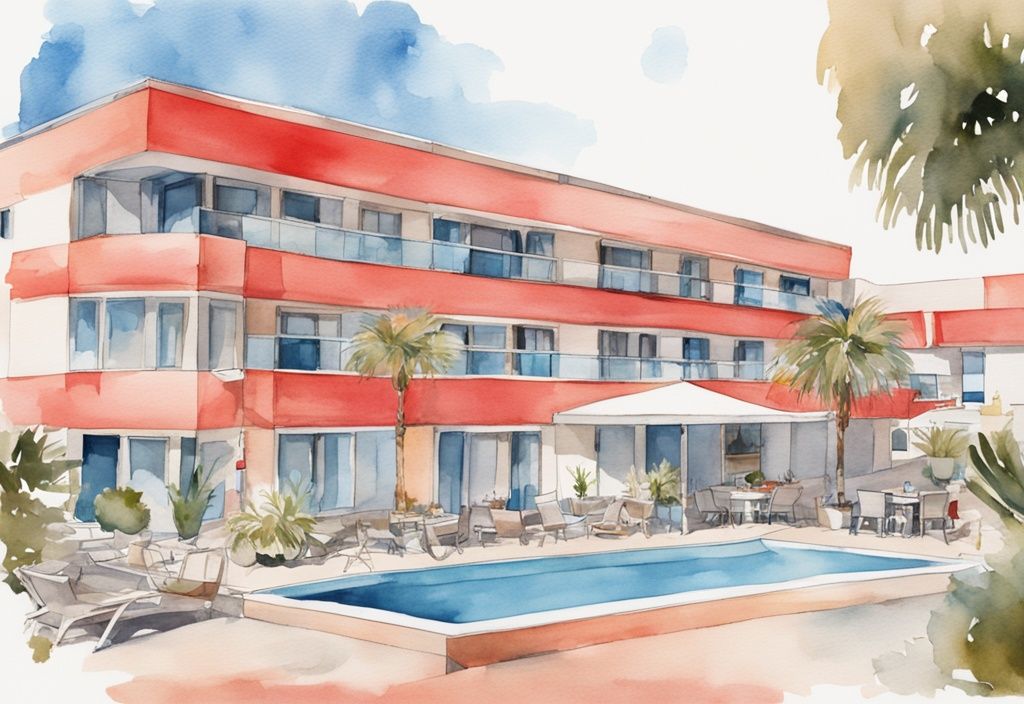 Nowoczesna akwarela przedstawiająca zewnętrzny widok Ramada Hotel & Suites w Ayia Napa, z widocznymi udogodnieniami rekreacyjnymi, takimi jak basen i restauracja, w kolorystyce koralowej.