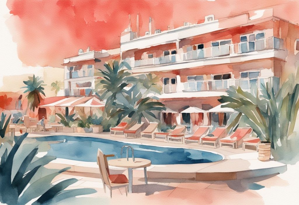 Nowoczesna ilustracja akwarelowa fasady Nestor Hotel Ayia Napa z tropikalnymi palmami i basenem pełnym turystów.