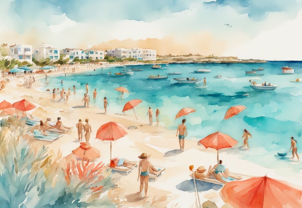 Nowoczesna akwarela przedstawiająca plażę Nissi w Ayia Napa z turkusową wodą, złotym piaskiem, plażowiczami, parasolami i sportami wodnymi, główny kolor koralowy.