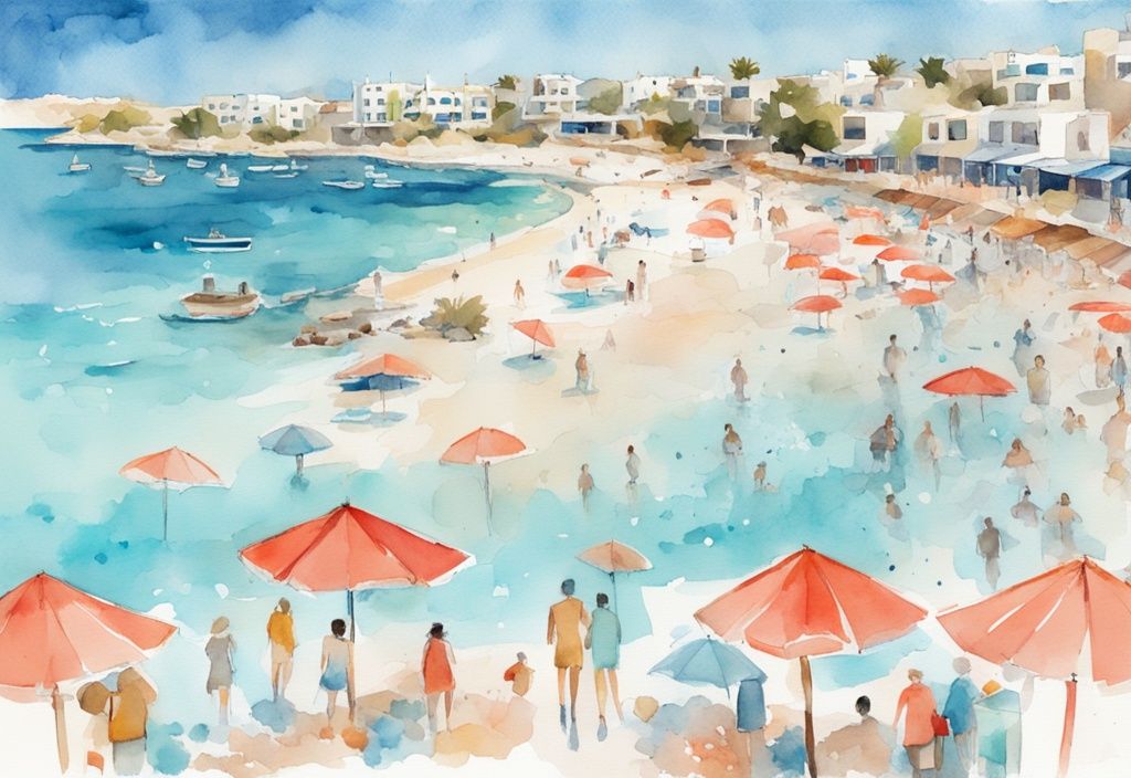 Nowoczesna ilustracja akwarelowa przedstawiająca widok na plażę Ayia Napa z białym piaskiem, krystalicznie niebieską wodą i kolorowymi parasolami plażowymi, w tonacji kolorystycznej koralu.