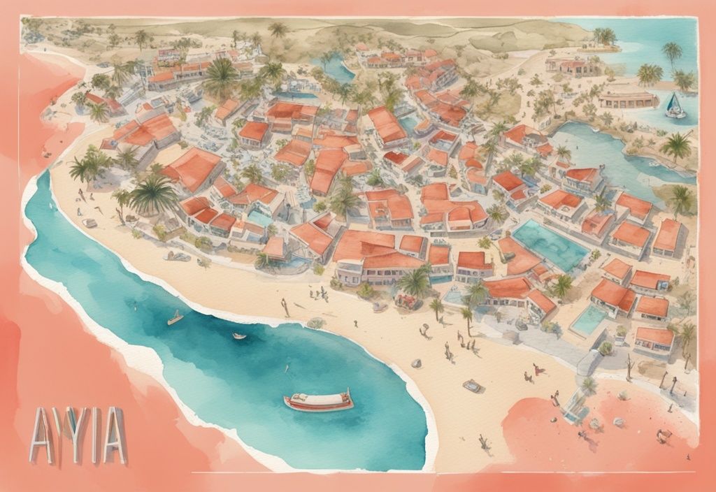 Nowoczesna akwarelowa ilustracja przedstawiająca szczegółową mapę Ayia Napa, podkreślająca popularne atrakcje turystyczne i plaże, w kolorystyce koralowej. ayia napa mapa