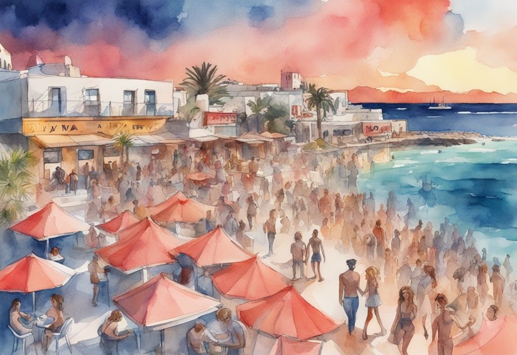 Nowoczesna akwarela przedstawiająca nocne życie Ayia Napa, z barami i klubami na plaży oraz starożytnym klasztorem w tle, ayia napa atrakcje.