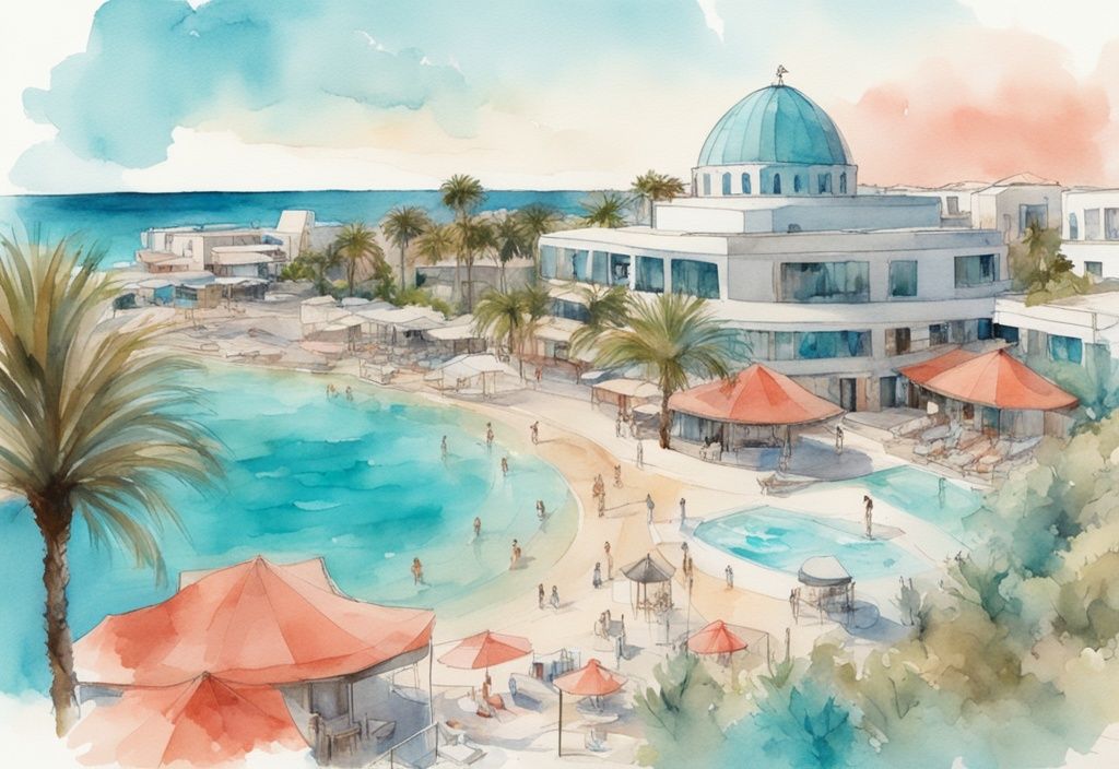 Ilustracja akwarelowa Dome Beach Resort Ayia Napa Cypr, architektura, baseny, palmy, Morze Śródziemne