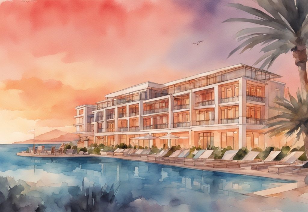 Nowoczesna ilustracja akwarelowa przedstawiająca hotel Christofinia w Ayia Napa o zachodzie słońca, podkreślająca majestatyczną architekturę budynku i otaczający krajobraz nadmorski, główny kolor: koralowy.