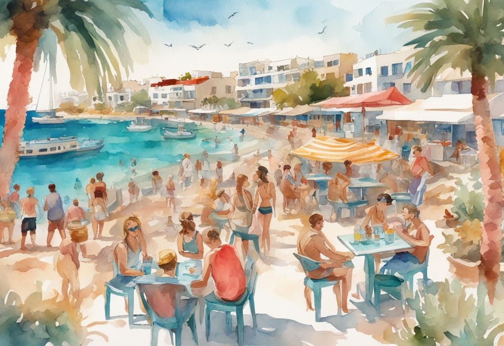 Nowoczesna akwarela przedstawiająca słoneczne plaże Ayia Napa, turkusowe wody i tętniące życiem bary plażowe, pełne szczęśliwych turystów na wakacjach w południowym Cyprze