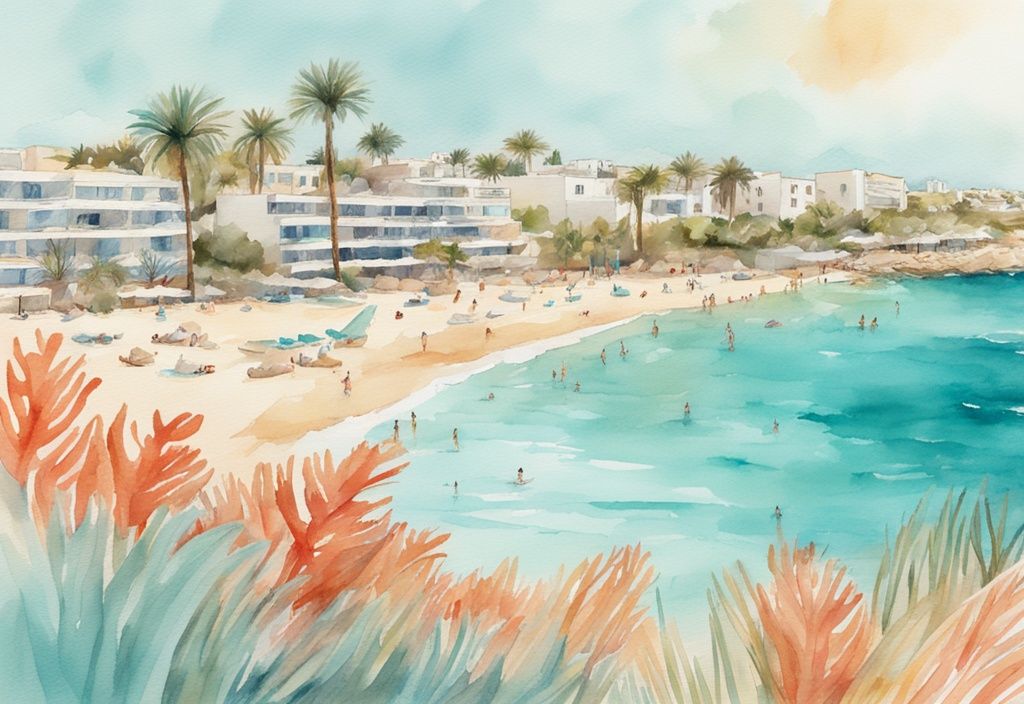 Nowoczesna ilustracja akwarelowa z przewagą koloru koralowego, przedstawiająca słoneczną panoramę plaży Pernera w Ayia Napa, z krystalicznie czystą turkusową wodą, drobnym złotym piaskiem i opadającymi palmami.