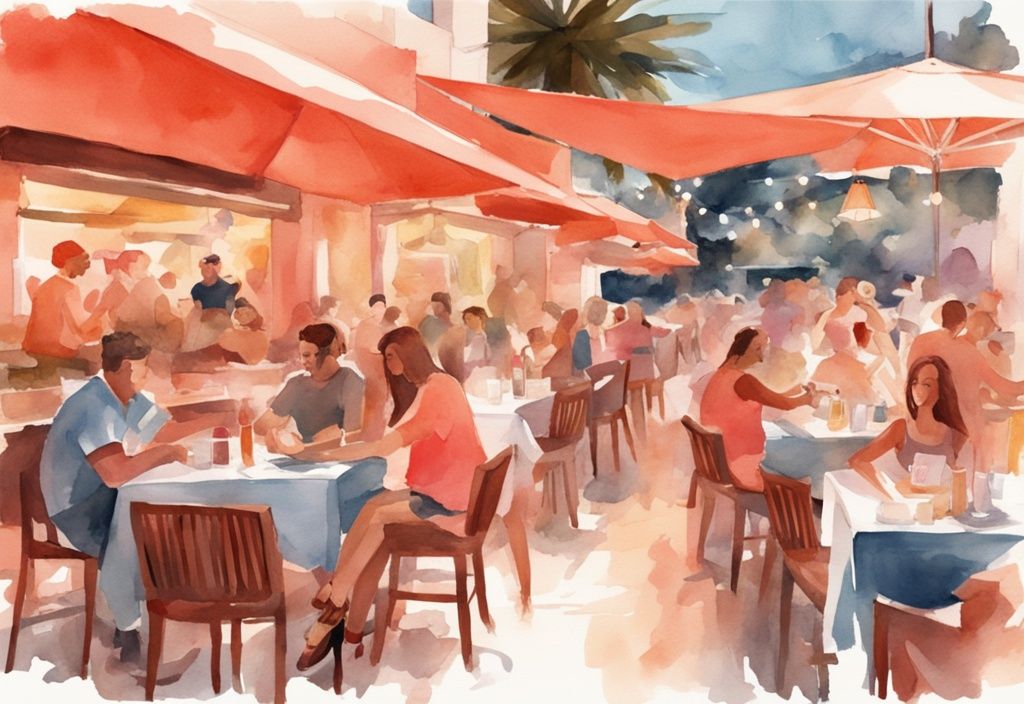 Nowoczesna ilustracja akwarelowa przedstawiająca tętniącą życiem scenę restauracyjną na świeżym powietrzu w Ayia Napa, z głównym motywem kolorystycznym w odcieniach koralu, ukazująca ciepłe oświetlenie, zadowolonych gości oraz kucharzy przygotowujących posiłki w tle.