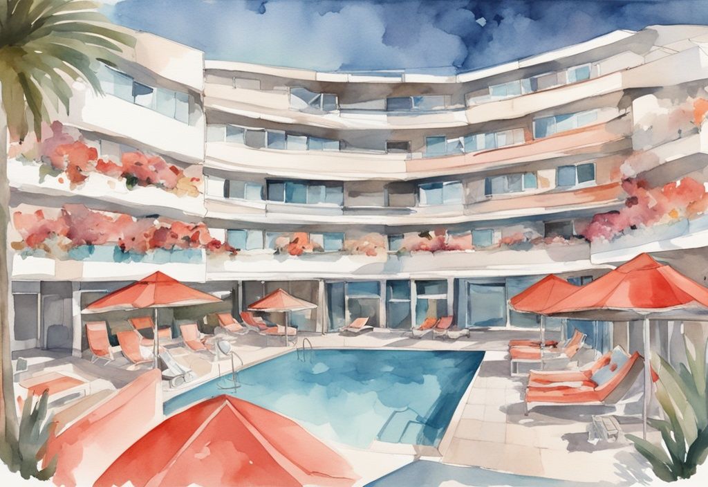 Nowoczesna akwarela przedstawiająca panoramiczny widok na Ramada Hotel & Suites Ayia Napa, z luksusowymi pokojami, malowniczym basenem i pięknymi krajobrazami, ramada hotel & suites ayia napa opinie.