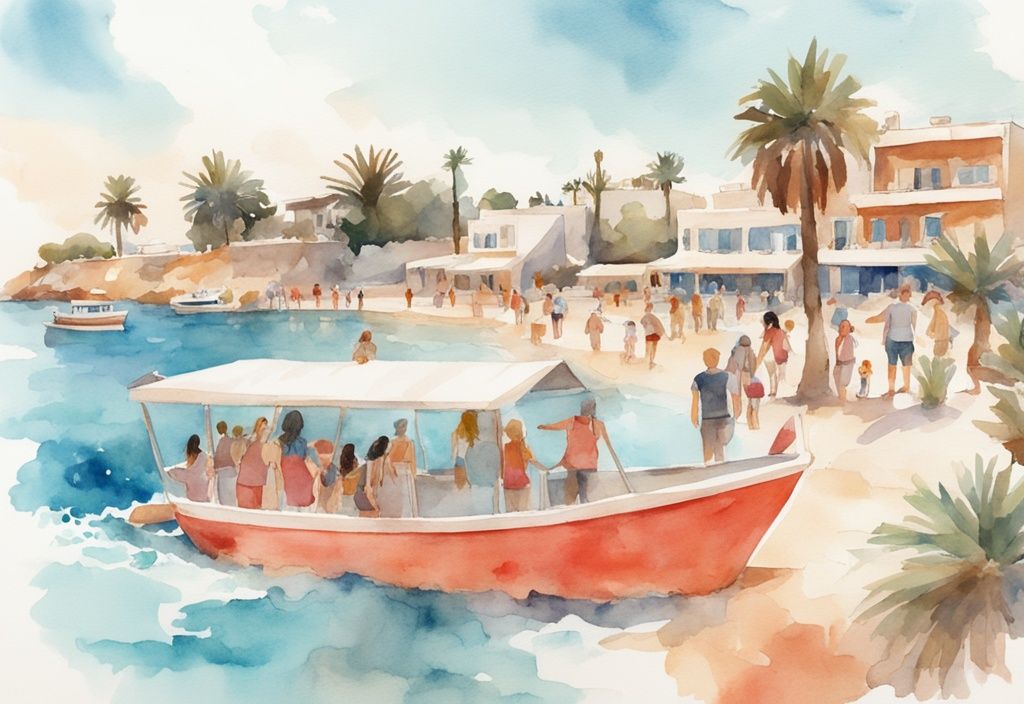 Nowoczesna ilustracja akwarelą w kolorze koralowym przedstawiająca grupę turystów zwiedzających dziewicze plaże Ayia Napa, korzystających z wycieczki łodzią i odwiedzających historyczne miejsca, takie jak Muzeum Thalassa.