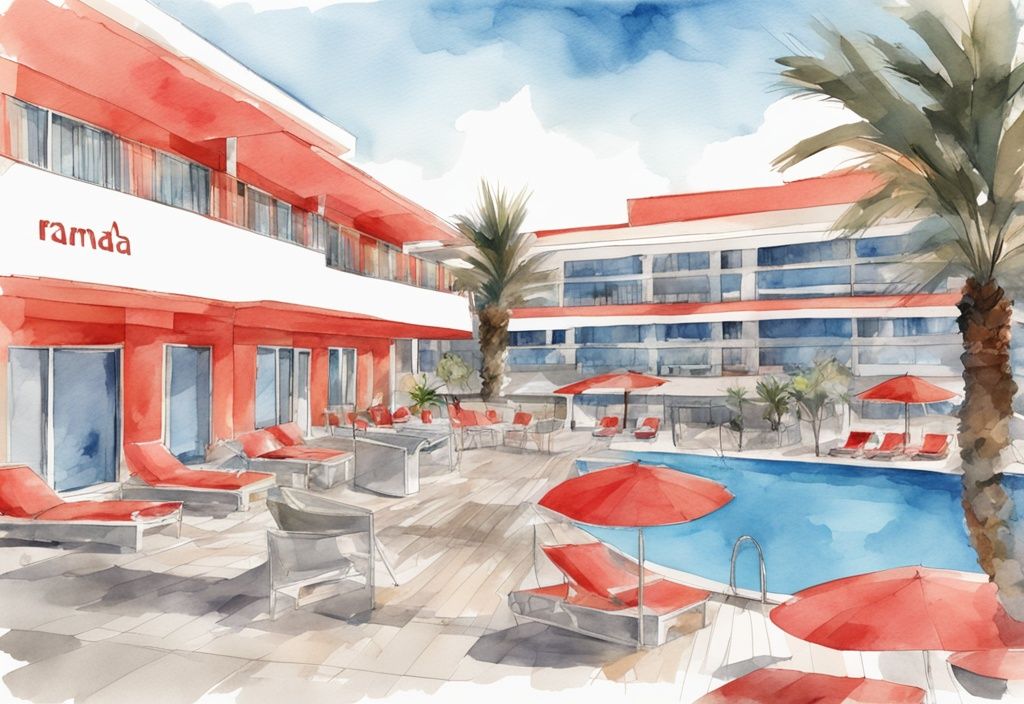 Nowoczesna akwarela przedstawiająca widok zewnętrzny Ramada Hotel & Suites w Ayia Napa z widocznymi obiektami rekreacyjnymi, takimi jak basen i restauracja, w kolorystyce koralowej.