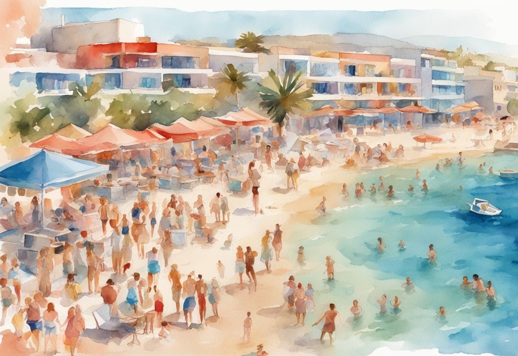 Nowoczesna ilustracja akwarelowa przedstawiająca wybrzeże Ayia Napa z błękitnymi wodami, złotą plażą i tłumem turystów cieszących się słońcem, główny kolor koralowy.