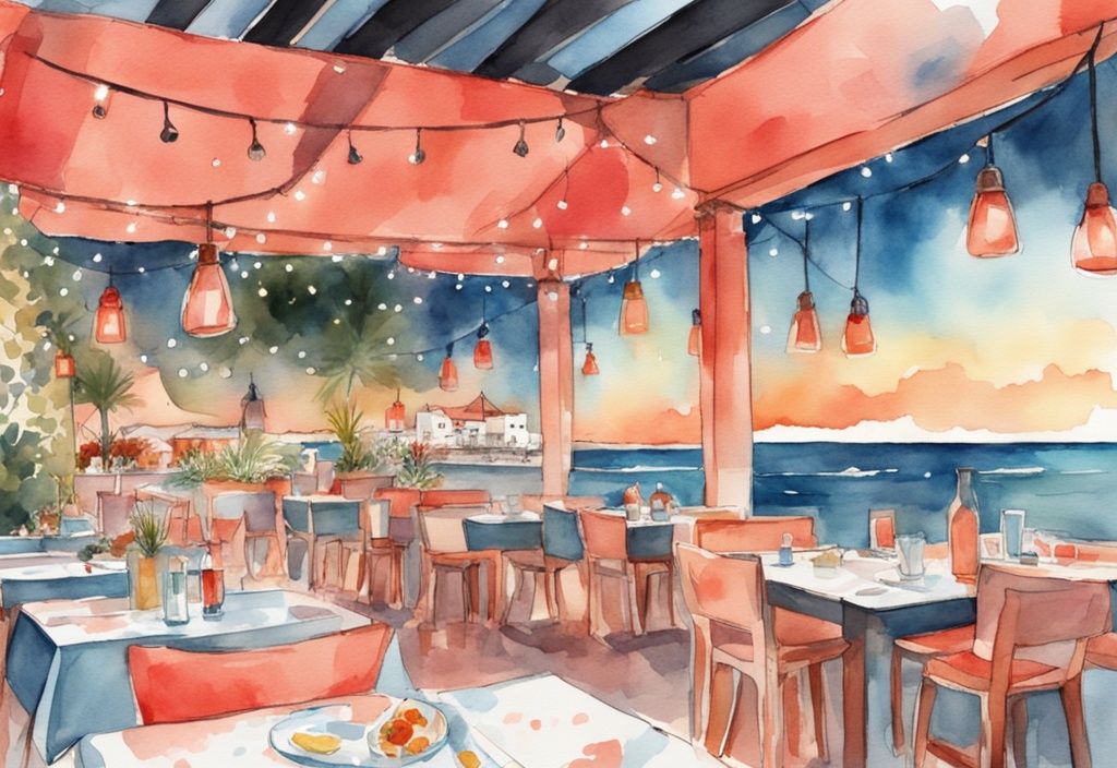 Nowoczesna ilustracja akwarelowa przedstawiająca tętniącą życiem scenę restauracji w Ayia Napa, oświetloną lampkami, z widokiem na Morze Śródziemne - ayia napa restauracje.