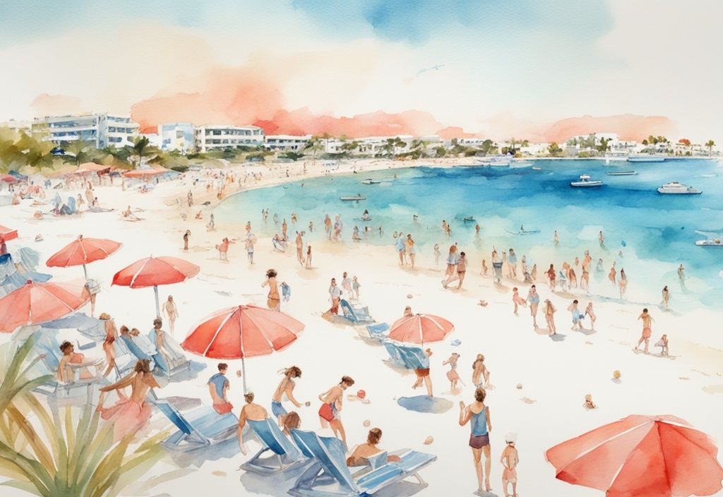 Nowoczesna akwarela przedstawiająca plażę Nissi w Ayia Napa z białym piaskiem, czystą wodą i pełną życia atmosferą.