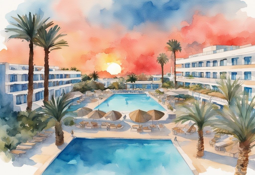 Nowoczesna ilustracja akwarelowa przedstawiająca hotel Christofinia Ayia Napa z niebieskimi basenami i palmami na tle promiennego zachodu słońca na Cyprze.