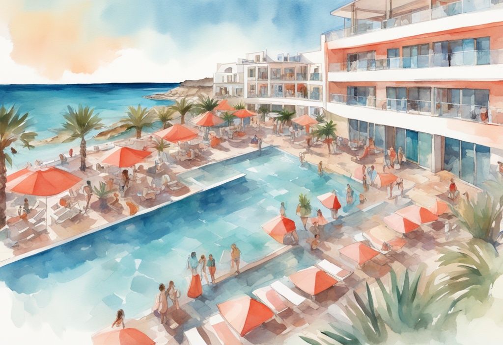 Nowoczesna ilustracja akwarelowa przedstawiająca panoramę hotelu Margadina Ayia Napa pod słonecznym niebem z Morzem Śródziemnym w tle i ludźmi cieszącymi się czystym basenem, główny kolor to koral.