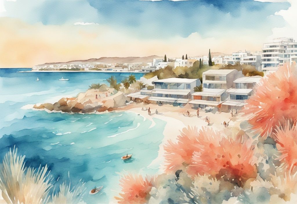 Nowoczesna ilustracja akwarelowa przedstawiająca panoramiczny widok na wybrzeże Ayia Napa przy łagodnym październikowym słońcu; ayia napa pogoda październik.