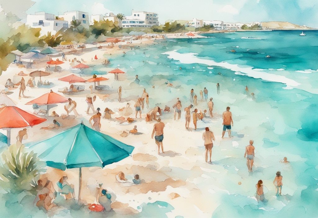 Ilustracja akwarelowa przedstawiająca plażę Anmaria Beach w Ayia Napa, Cypr, z turkusową wodą, białym piaskiem i ludźmi cieszącymi się słońcem.