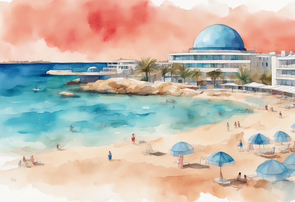 Nowoczesna akwarela przedstawiająca The Dome Beach Resort Cypr / Ayia Napa, z turkusowymi wodami, czystymi piaszczystymi plażami i charakterystyczną kopułą w tle.