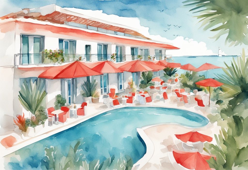 Nowoczesna ilustracja akwarelowa przedstawiająca elegancki Faros Hotel Ayia Napa w otoczeniu bujnej zieleni i spokojnego Morza Śródziemnego pod błękitnym niebem, w kolorystyce koralowej.