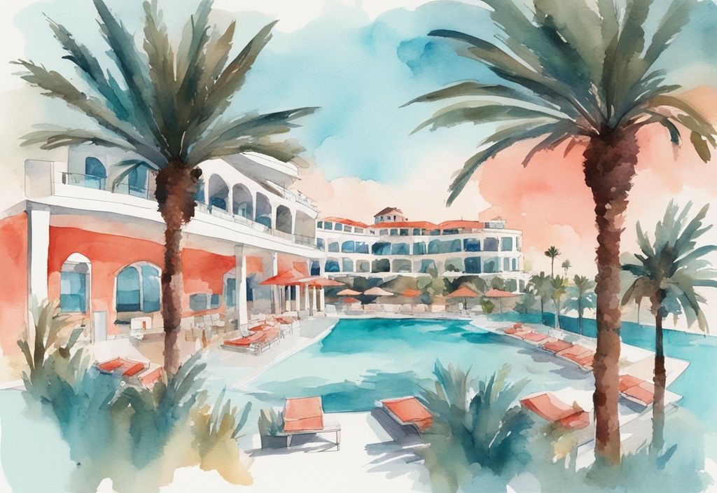 Nowoczesna ilustracja akwarelowa przedstawiająca panoramiczny widok luksusowego Margadina Hotel Ayia Napa, otoczonego przez lazurowe Morze Śródziemne i bujne palmy.