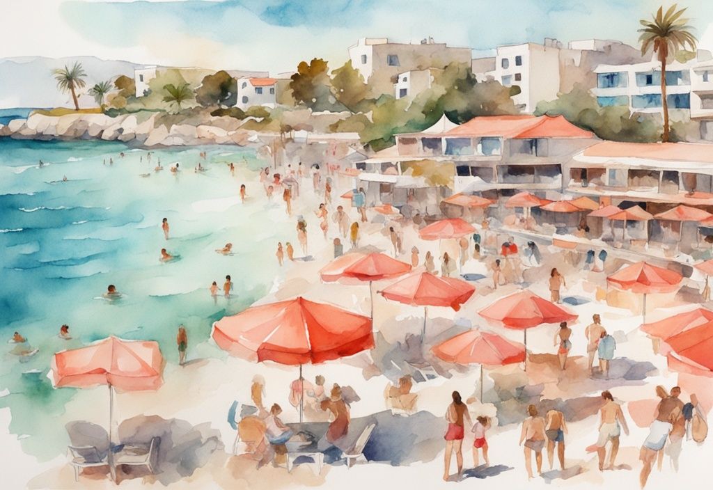 Nowoczesna ilustracja akwarelowa przedstawiająca tętniącą życiem plażę w Ayia Napa, gdzie turyści cieszą się słońcem i krystalicznie czystą wodą; główny motyw kolorystyczny to koralowy. Idealne miejsce na wakacje - Ayia Napa czy Protaras?