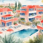 Nowoczesna ilustracja akwarelowa przedstawiająca Tsokkos Paradise Village Cypr / Ayia Napa z piękną architekturą, bujnymi ogrodami i spokojnym basenem pod jasnym słońcem Ayia Napa.