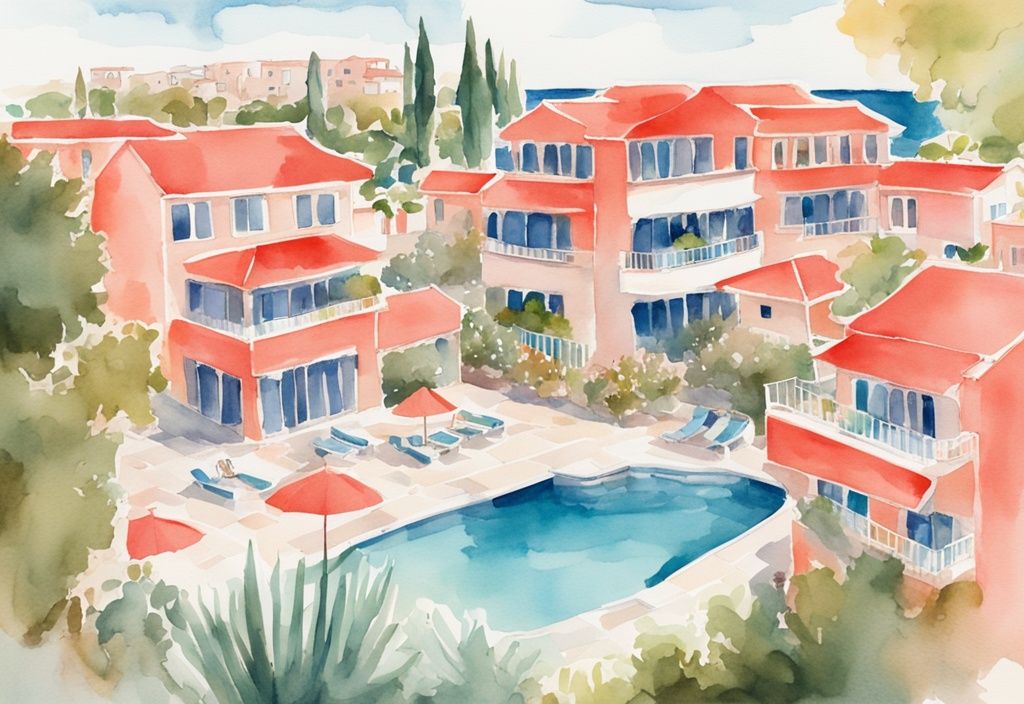 Nowoczesna ilustracja akwarelowa przedstawiająca Tsokkos Paradise Village Cypr / Ayia Napa z piękną architekturą, bujnymi ogrodami i spokojnym basenem pod jasnym słońcem Ayia Napa.