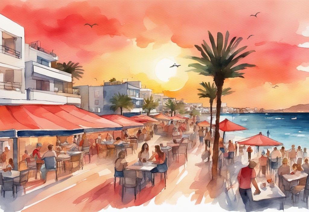 Nowoczesna ilustracja akwarelowa przedstawiająca zachód słońca nad tętniącą życiem plażą w Ayia Napa, pełną turystów i kolorowych restauracji, w kolorach koralowych.